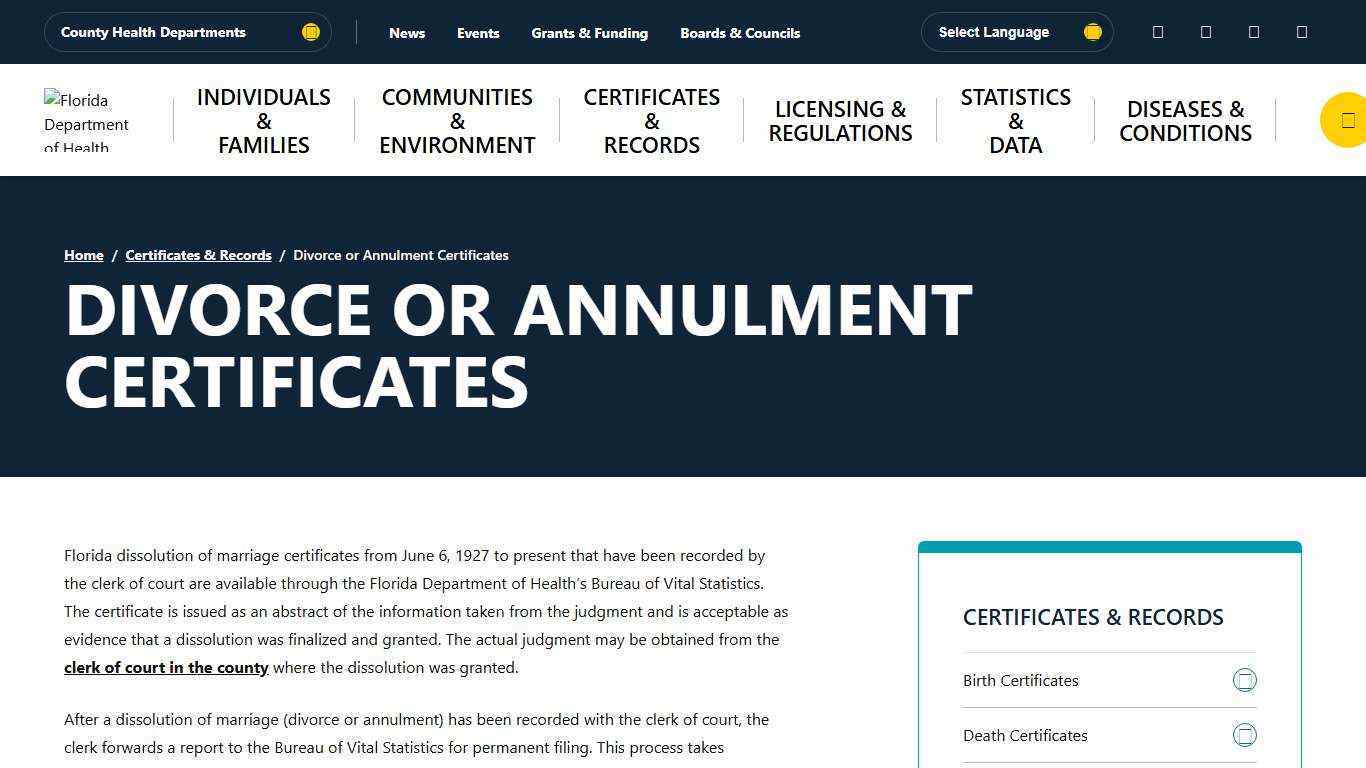 Divorce or Annulment Certificates - Florida Department of Health